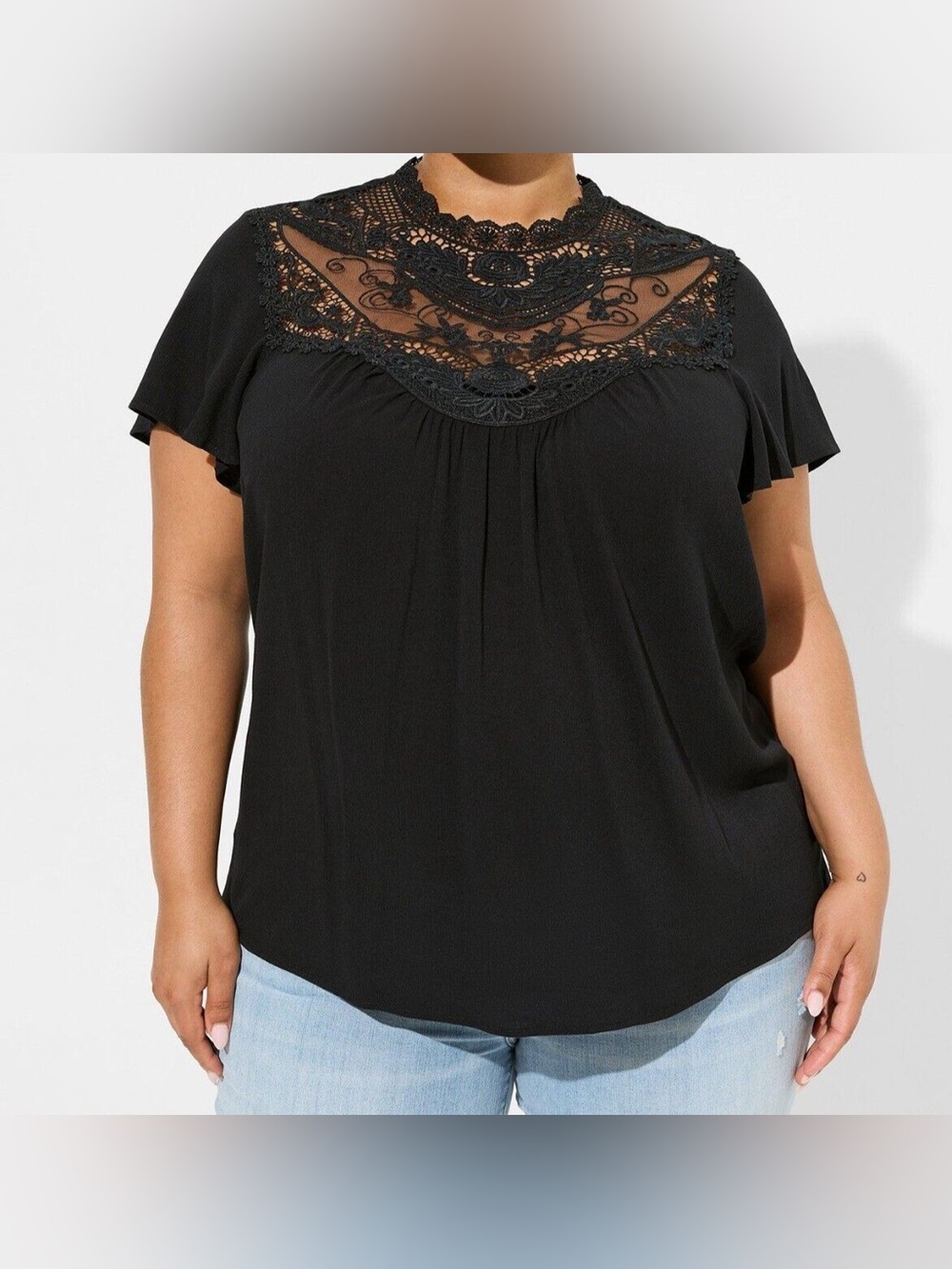 torrid Black Lace Yoke Flutter Sleeve crochet plus size Flowy keyhole bottom